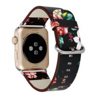 eses Kožený květinový řemínek pro Apple Watch - Černý 42mm, 44mm, 45mm, 49mm