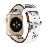 eses Kožený květinový řemínek pro Apple Watch - Bílý a šedý 42mm, 44mm, 45mm, 49mm