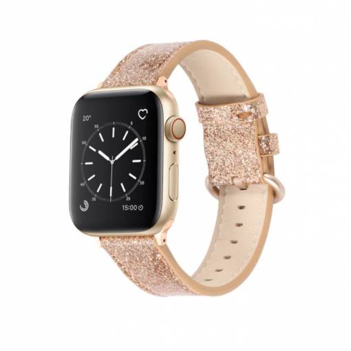 Foto - eses Kožený glitrový řemínek pro Apple Watch - Zlatý 38mm, 40mm, 41mm