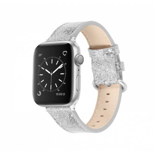 Foto - eses Kožený glitrový řemínek pro Apple Watch - Stříbrný, 42mm/44mm/45mm/49mm