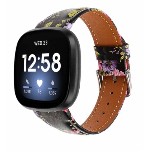 Foto - eses Kožený řemínek pro Fitbit Versa 3 a 4, Sense 1 a 2 - Květinový s prošíváním