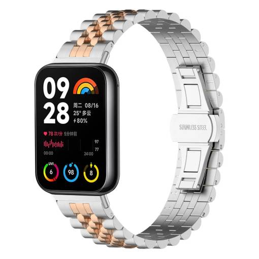 Foto - eses Kovový řemínek pro Xiaomi Redmi Watch 4, Smart Band 8 Pro a 9 Pro - Stříbrný s růžovo zlatým pruhem