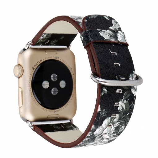 Foto - eses Kožený květinový řemínek pro Apple Watch - Černo bílý 38mm, 40mm, 41mm