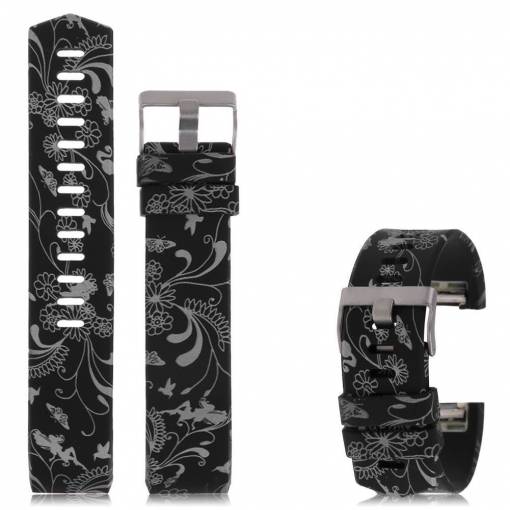 Foto - eses Silikonový řemínek černý s šedými květy pro Fitbit Charge 2