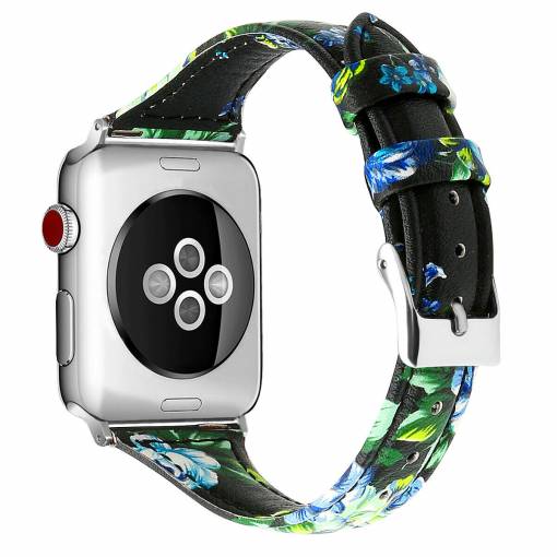 Foto - eses Kožený úzký řemínek pro Apple Watch - Květinový, černo modrý, 42mm/44mm/45mm/49mm