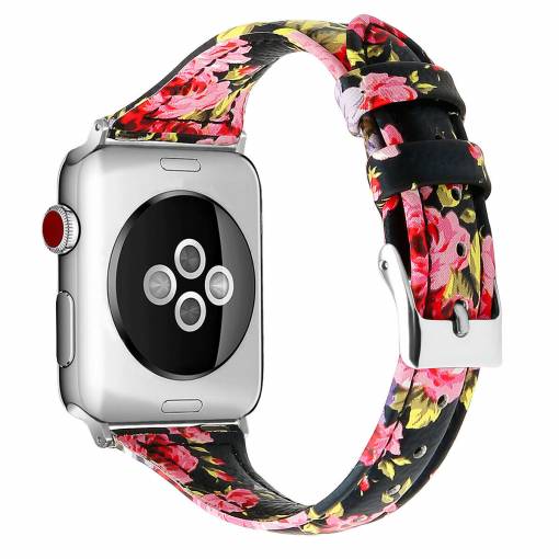 Foto - eses Kožený úzký řemínek pro Apple Watch - Květinový, černo růžový 38mm, 40mm, 41mm