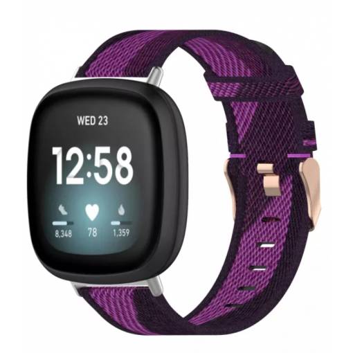 Foto - eses Tkaný řemínek pro Fitbit Versa 3 a 4, Sense 1 a 2 - Vzorovaný, fialovo černý