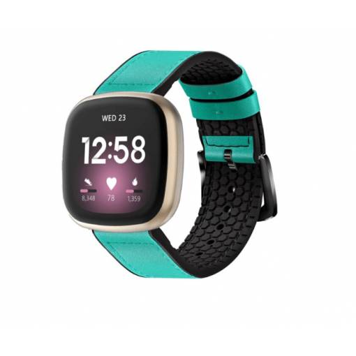 Foto - eses Sportovní kožený řemínek pro Fitbit Versa 3 a 4, Sense 1 a 2 - Tyrkysový