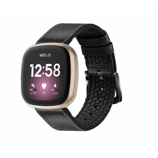 Foto - eses Sportovní kožený řemínek pro Fitbit Versa 3 a 4, Sense 1 a 2 - Černý