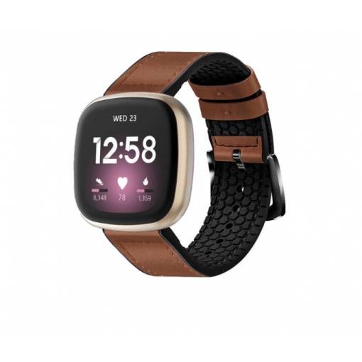 Foto - eses Sportovní kožený řemínek pro Fitbit Versa 3 a 4, Sense 1 a 2 - Hnědý