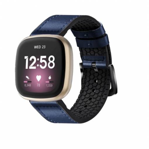 Foto - eses Sportovní kožený řemínek pro Fitbit Versa 3 a 4, Sense 1 a 2 - Modrý