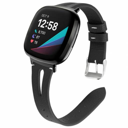 Foto - eses Kožený úzký řemínek pro Fitbit Versa 3/4, Sense 1/2 - Černý