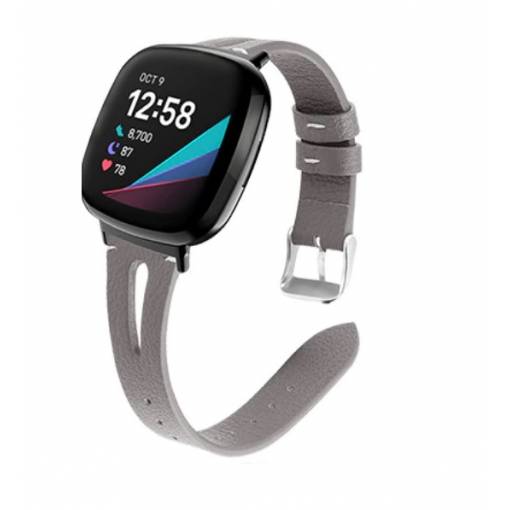 Foto - eses Kožený úzký řemínek pro Fitbit Versa 3 a 4, Sense 1 a 2 - Šedý