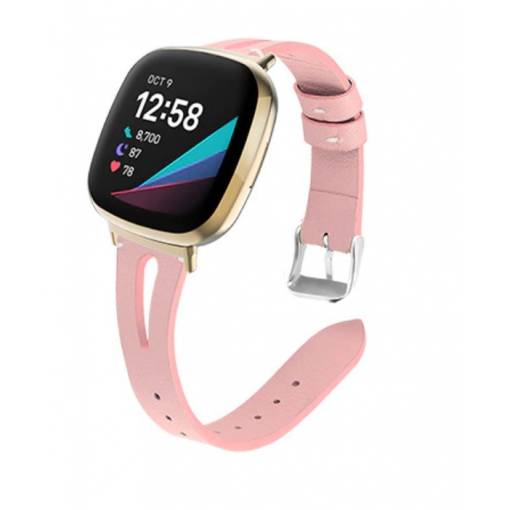 Foto - eses Kožený úzký řemínek pro Fitbit Versa 3 a 4, Sense 1 a 2 - Růžový