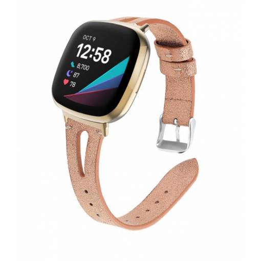 Foto - eses Kožený úzký řemínek pro Fitbit Versa 3/4, Sense 1/2 - Růžová zlatá