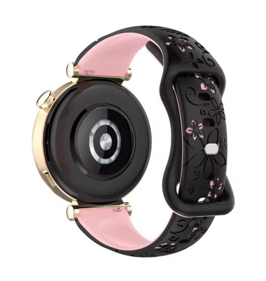eses Silikonový řemínek s květinovým vzorem - Černý se světle růžovou, 22 mm